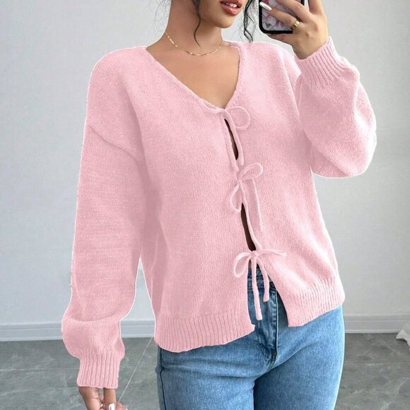 Pink Casual Women's Knit Long Sleeve Cardigan - Picture 4 of 6